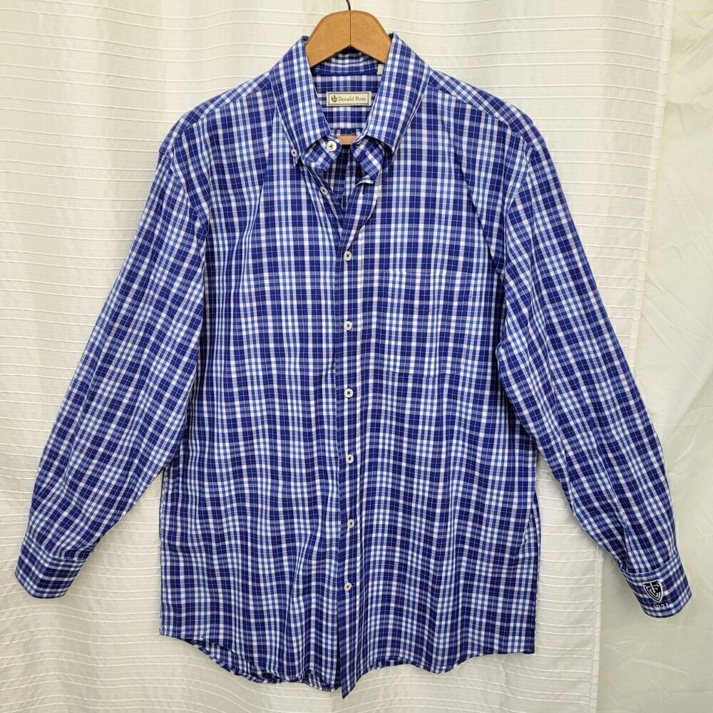 Donald Ross Long Sleeve Shirt Blue White Plaid Lightweight Button Down Men's M